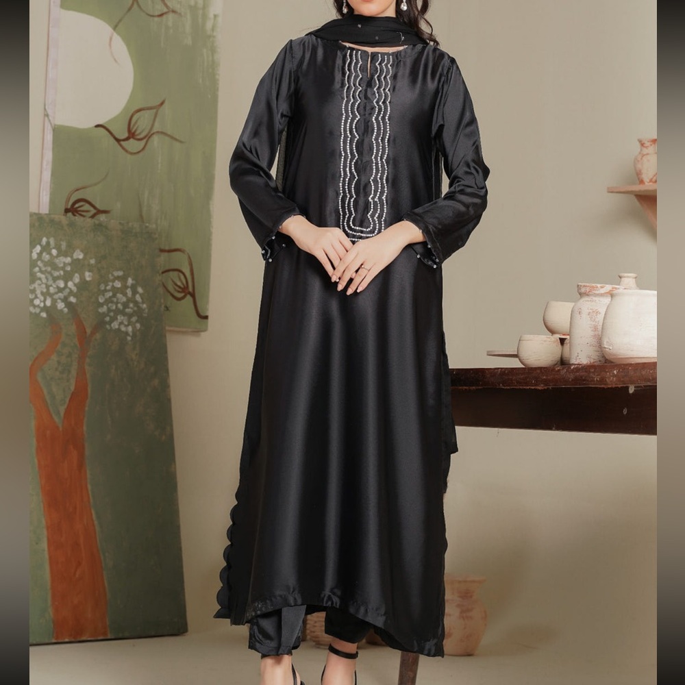 Classic Black Maxi Dress with Embroidered Front